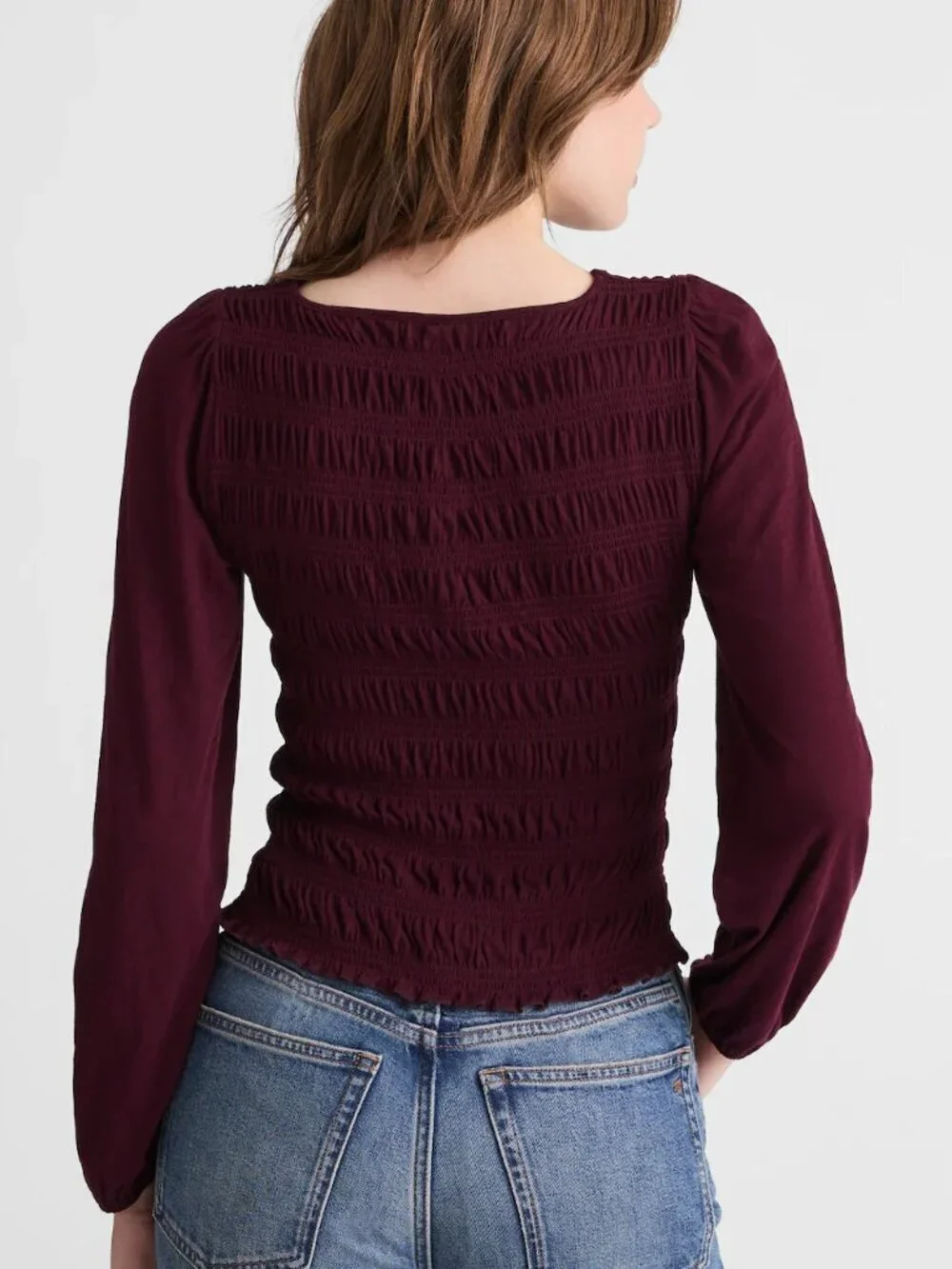 Madewell Smocked Cotton Boatneck Puff Sleeves Slim Fit Top Burgundy Size XS NWT